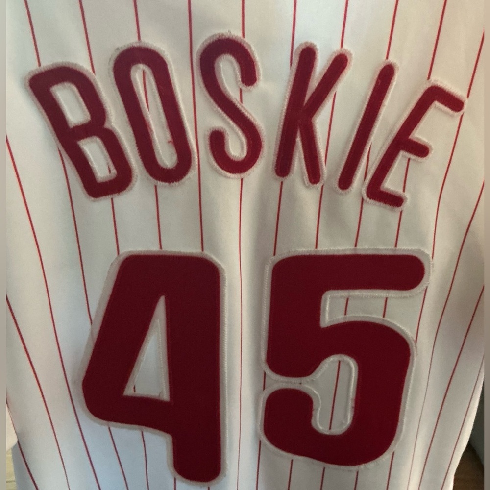 Vintage Phillies White Pinstripe Baseball Jersey with Red Script Boskie 45 - Picture 7 of 8